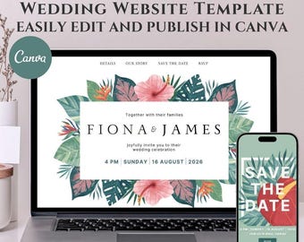 Beach Wedding Website Template | Canva Wedding Web Invitation with RSVP, Countdown & Map | Minimal Coastal Wedding Web