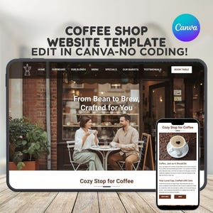 Pode incluir: Maquete digital de um modelo de site de cafeteria em um tablet e smartphone. O site apresenta uma cena de café com o texto "From Bean to Brew, Crafted for You". O logotipo da Canva é visível.