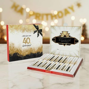Chokladpappersförpackning för 40-årsdagen Merci | Svart och guld födelsedagspresent | 20 önskningar | Utskrivbart askomslag | Direkt nedladdning
