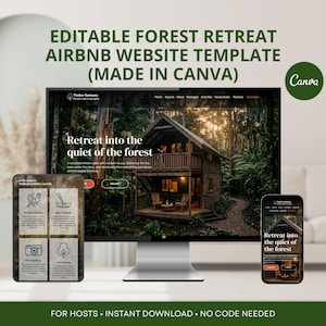 Puede incluir: Maqueta digital de una plantilla de sitio web para un retiro forestal de Airbnb. El diseño se muestra en un monitor de escritorio, una tableta y un teléfono inteligente. El sitio web presenta una cabaña en el bosque y el texto "Retreat into the quiet of the forest."
