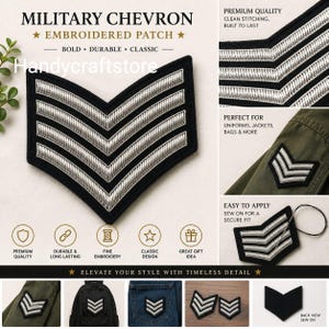 May include: A military chevron embroidered patch featuring four silver-colored V-shaped stripes on a black fabric background. The patch is shown in various applications including on a green jacket, a black backpack, and denim fabric, with a needle and thread.