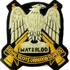 Puede incluir: Parche bordado con un águila blanca con las alas extendidas, una pancarta con la inscripción "WATERLOO" y el texto "ROYAL SCOTS DRAGOON GUARDS" sobre un fondo negro. Acentos dorados y azules realzan el diseño.