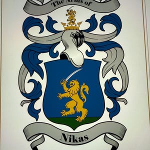 May include: A heraldic crest featuring a blue shield with a gold lion holding a sword, set against a white background. The crest includes the text "The Arms of Nikas" in a banner design, with decorative blue and gray flourishes.