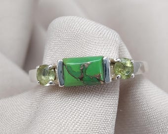 Sterling Silver Green Copper Turquoise Ring: Peridot Accent, Handmade
