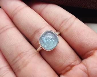 925 Sterling Silver Aquamarine Ring: Handmade Cushion Cabochon, March Birthstone