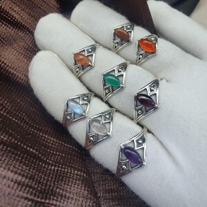925 Sterling Silver Ring Natural Marquise Gemstone Cabochon  Antique Art Deco Style Jewelry Gift for Her Geometric Silver Ring