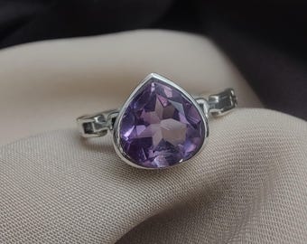 925 Sterlingsilber Pear Cut Amethyst Ring: Handgemachter Solitär