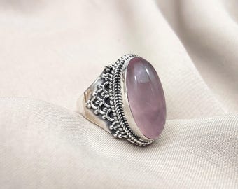 925 Sterling Silver Rose Quartz Ring | Handmade Boho Crystal Jewelry