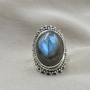 925 Sterling Silver Labradorite Blue Flash Ring Boho Statement Vintage Jewelry
