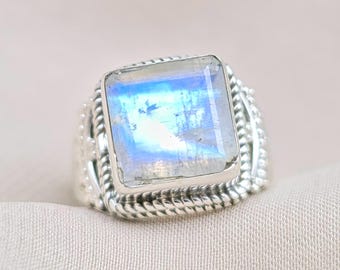 Rainbow Moonstone Ring: Handmade Sterling Silver, Boho Gemstone
