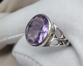 925 Sterling Silver Amethyst Filigree Ring: Oval Purple Gemstone, Boho Jewelry