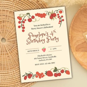 Editable Strawberry Birthday Invitation | Berry Sweet Theme Template | Printable Birthday Invite for Girl