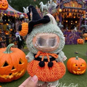 Handmade Knitted Pumpkin Costume with Witch Hat for Labubu Doll