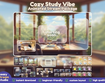 Cozy Study Vibe Twitch YouTube Stream Pack | Stream Overlays, Animated Screens, Panels, Animated Static Alerts, Webcam