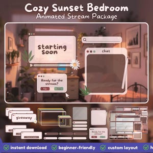 Cozy Sunset Bedroom Twitch YouTube Stream Pack | Stream Overlays, Animated Screens, Panels, Animated Static Alerts, Webcam