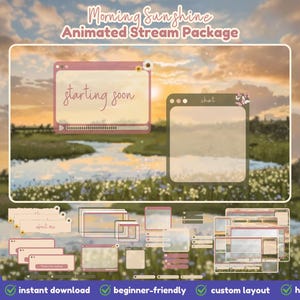 Pode incluir: Um pacote de stream animado "Morning Sunshine" com tema de natureza. Inclui telas "starting soon" e "chat", além de vários elementos de sobreposição. O design apresenta uma paleta de cores suaves e o texto "easy stream studio".