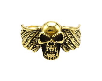 Handmade Brass Skull Wing Ring, Gothic Biker Statement