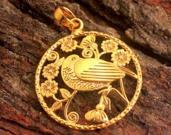 Handcrafted Brass Bird Gold Plated Pendant, Boho Nature Jewelry