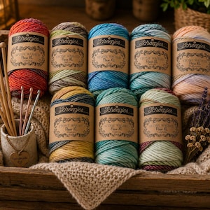 Op de afbeelding: Acht bollen Scheepjes Stone Washed Flow XL garen in diverse kleuren, gerangschikt in een houten kist met een keramische houder met breinaalden en haaknaalden, samen met een takje gedroogde lavendel.