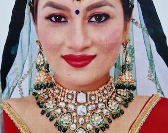 Kundan Choker Necklace Set: Gold Plated, Emerald, Indian Bridal Jewelry