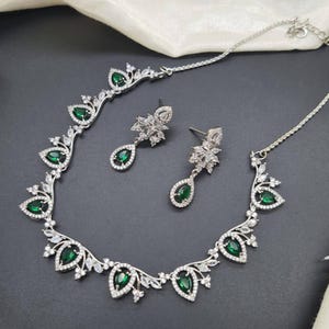 American Diamond CZ Necklace Set: Silver Plated Indian Bridal Jewelry