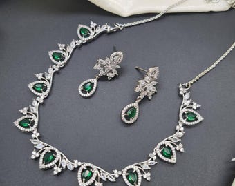 American Diamond CZ Necklace Set: Silver Plated Indian Bridal Jewelry