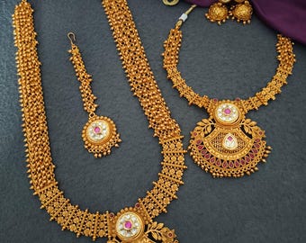 Gold Temple Necklace Set, Indian Bridal Jewelry, South Indian Wedding Accessories for Women