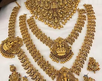 Laxmi Temple Jewelry Set: South Indian Bridal Style, Golden Pearls wedding full bridal necklace