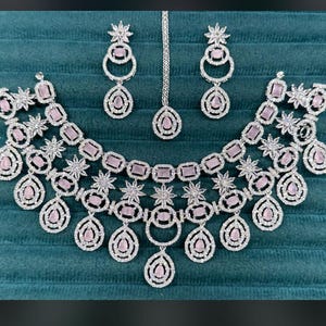 AD Necklace Set Silver CZ Diamond Wedding Jewelry Bridal Necklace Set American Diamond Necklace Indian Jewelry Indian Necklace Set CZ Set