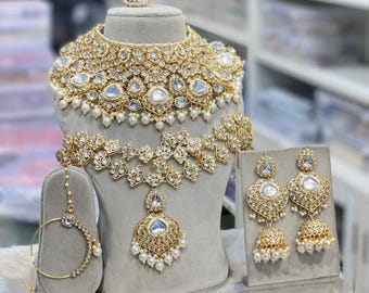 Kundan Bridal Jewelry Set Indian Wedding Necklace Polki Choker with Earrings Full Dulhan Jewellery