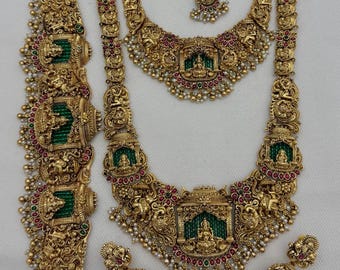 Gold-Plated South Indian Bridal Jewelry Set: Necklace, Earrings, Maang Tikka south temple jewelery