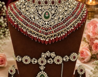Bridal Gold Kundan Necklace Set with full Accessory, Indian Wedding Jewelry