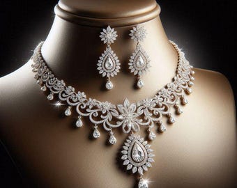 Luxury Diamond Necklace Set with Earrings | Bridal Wedding Jewelry | Teardrop AD choker|
