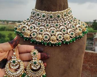 Gold Kundan Bridal Jewelry Set, Choker, Long Haar, Earrings, Maang Tikka,