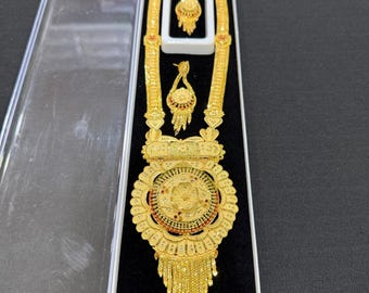 Mangalsutra chapado en oro, cuentas negras, collar nupcial indio, conjunto de mangalsutra largo con pendientes a juego.