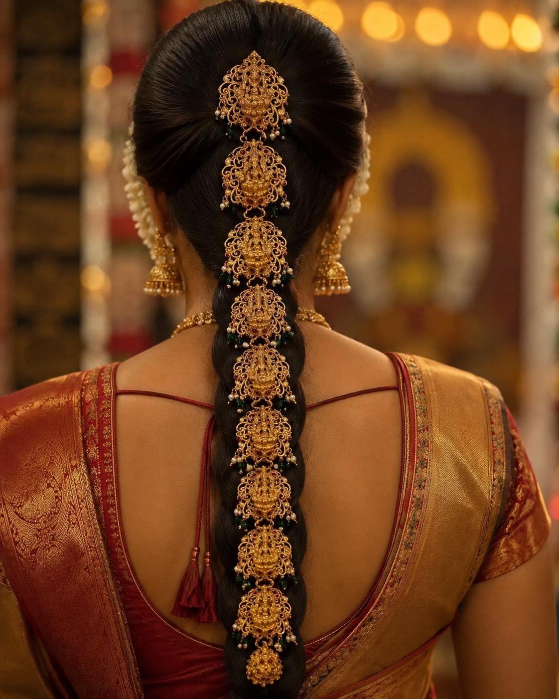 South Indian Bridal Jada Billa Temple Braid Accessory, Gold Tone Hair Ornament