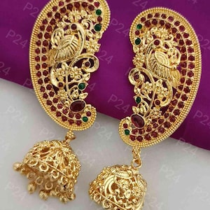 Gold finished Ear Cuff Jhumka Earrings: Ruby & Pearl, South Indian Jewelry