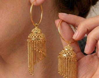 Gold Plated Jhumka Hoop Earrings | 1GM Gold Jewelry | Tassel Dangle Earring | Ethnic Indian Jewellery