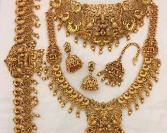 Laxmi Temple Jewelry Set: South Indian Bridal Style, Golden Pearls wedding full bridal necklace