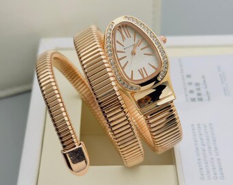 Gold Snake Bracelet Watch for Women, Green Dial Bracelets Watch, Coil Wrist Watches, Elegant