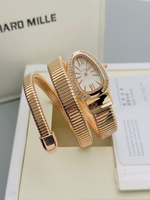 Gold Snake Bracelet Watch for Women, Green Dial Bracelets Watch, Coil Wrist Watches, Elegant