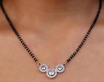 Mangalsutra de plata esterlina con cuentas negras y colgante de circonita cúbica, joyería nupcial india