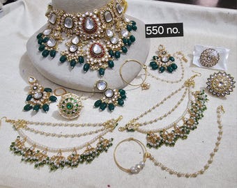 Green Emerald Indian Kundan Complete Bridal Jewelry Set, Wedding Necklace Maala Mathapatti Jhumar Tikka Nath Full Indian Jewellery