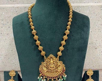 Laxmi Goddess Temple Necklace Set: Matte Gold Pearl Haaram, South Indian Jewelry
