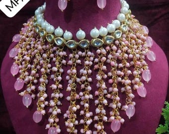 Gargantilla Kundan, joyería nupcial india, collar de perlas con cuentas hechas a mano, joyería Rajputi