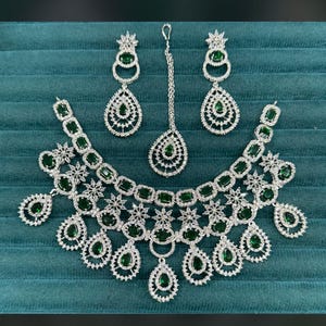 CZ Necklace Set Green American Diamond Necklace Indian Silver Finish AD Necklace Emerald green  Necklace Indian Bridal jewellery AD jewelry