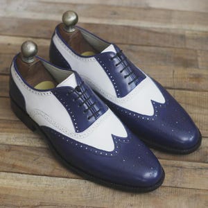 Men&#39;s Handmade Two Tone Blue & White Leather Shoe, Men&#39;s Oxford Brogue Wingtip Lace Up Shoes