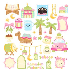 May include: A collection of colorful, cartoon-style illustrations featuring Islamic symbols and Ramadan-themed objects. Includes a mosque, Kaaba stamp, crescent moons, stars, a camel, a pink car, and the text "Ramadan Mubarak".