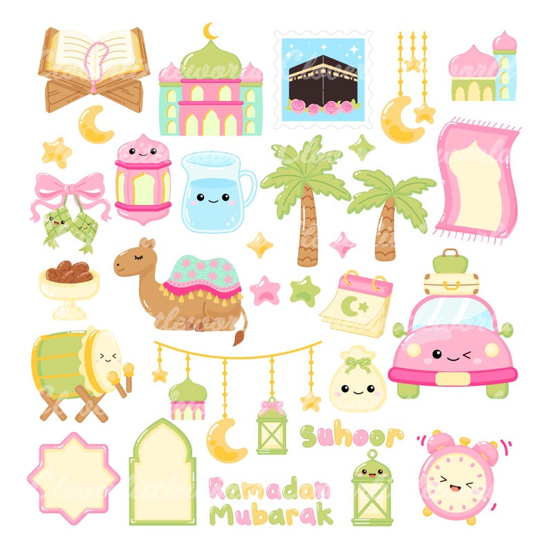 May include: A collection of colorful, cartoon-style illustrations featuring Islamic symbols and Ramadan-themed objects. Includes a mosque, Kaaba stamp, crescent moons, stars, a camel, a pink car, and the text "Ramadan Mubarak".