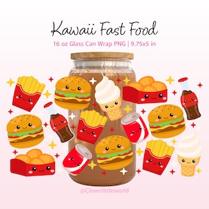 May include: A glass can wrap design featuring Kawaii fast food illustrations. The design includes smiling burgers, fries, ice cream cones, soda cans, and nuggets. The text "Kawaii Fast Food" is at the top. The can wrap is 9.75x5 inches.